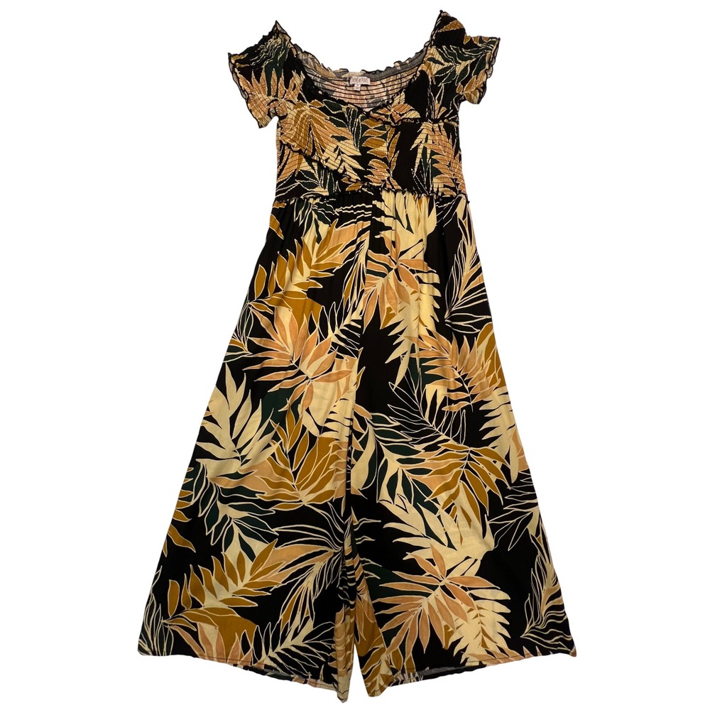 Patrons of Peace Black Tan Tropical Palm Print Smocked Wide Leg Jumpsuit S/M